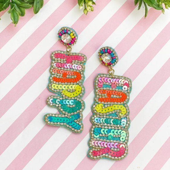 Happy Easter Sequin Seed Beaded Rhinestone Sparkle Statement Gift Idea Earrings - Picture 3 of 3